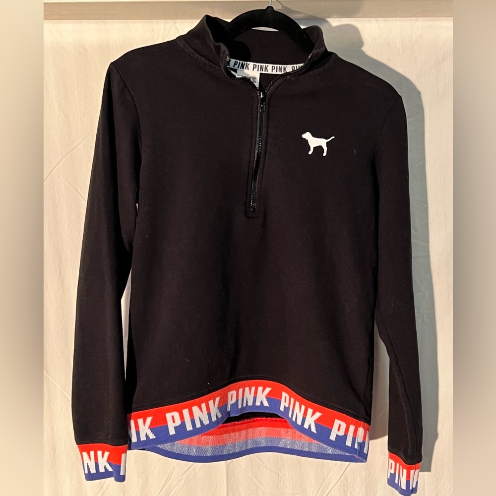 PINK 1/4 Zip Sweatshirt  Size XS black with coral and periwinkle banding
